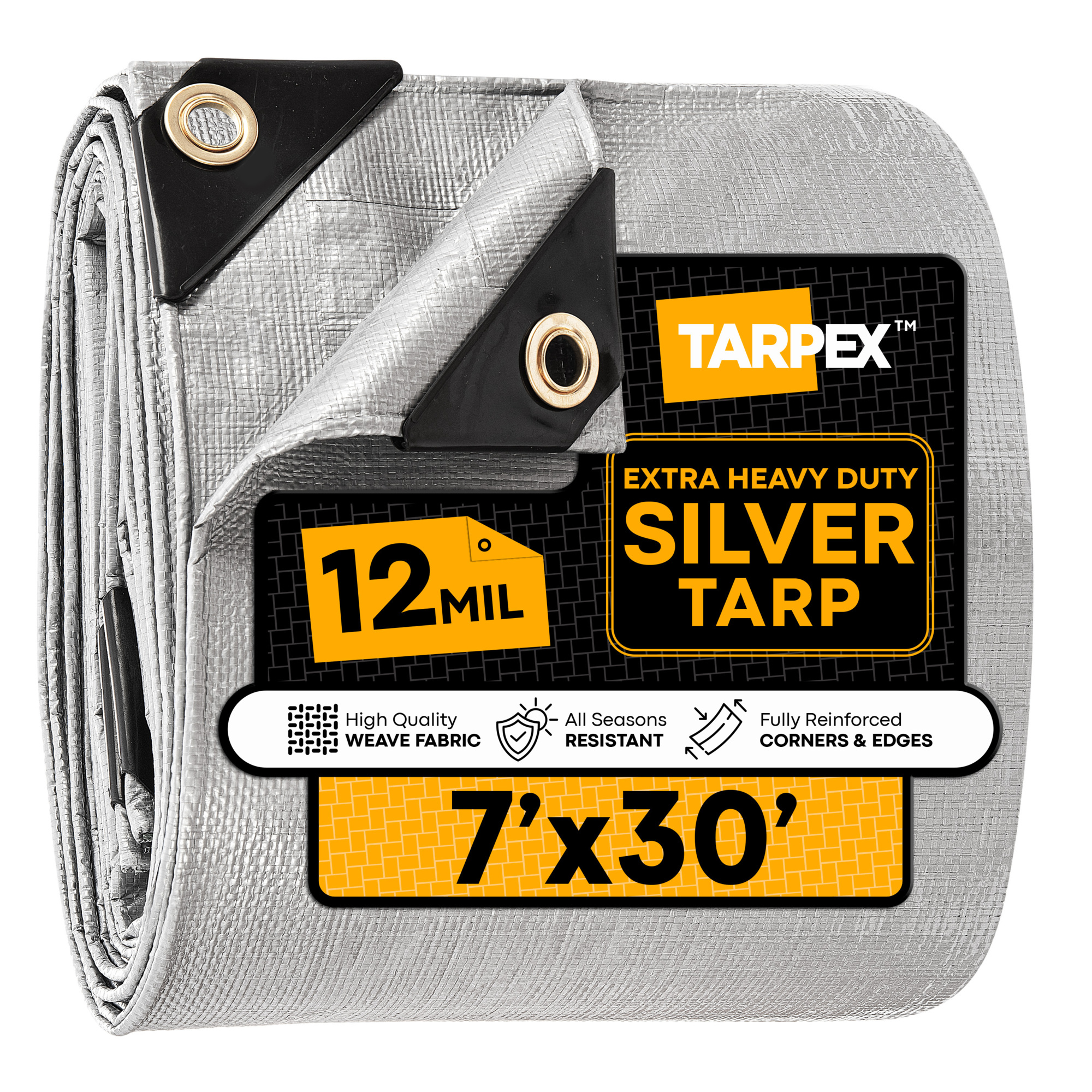 TARPEX 7' x 30' Silver Extra Heavy-Duty Weatherproof Tarp – 12 Mil Poly with Reinforced Edges for All-Purpose Protection